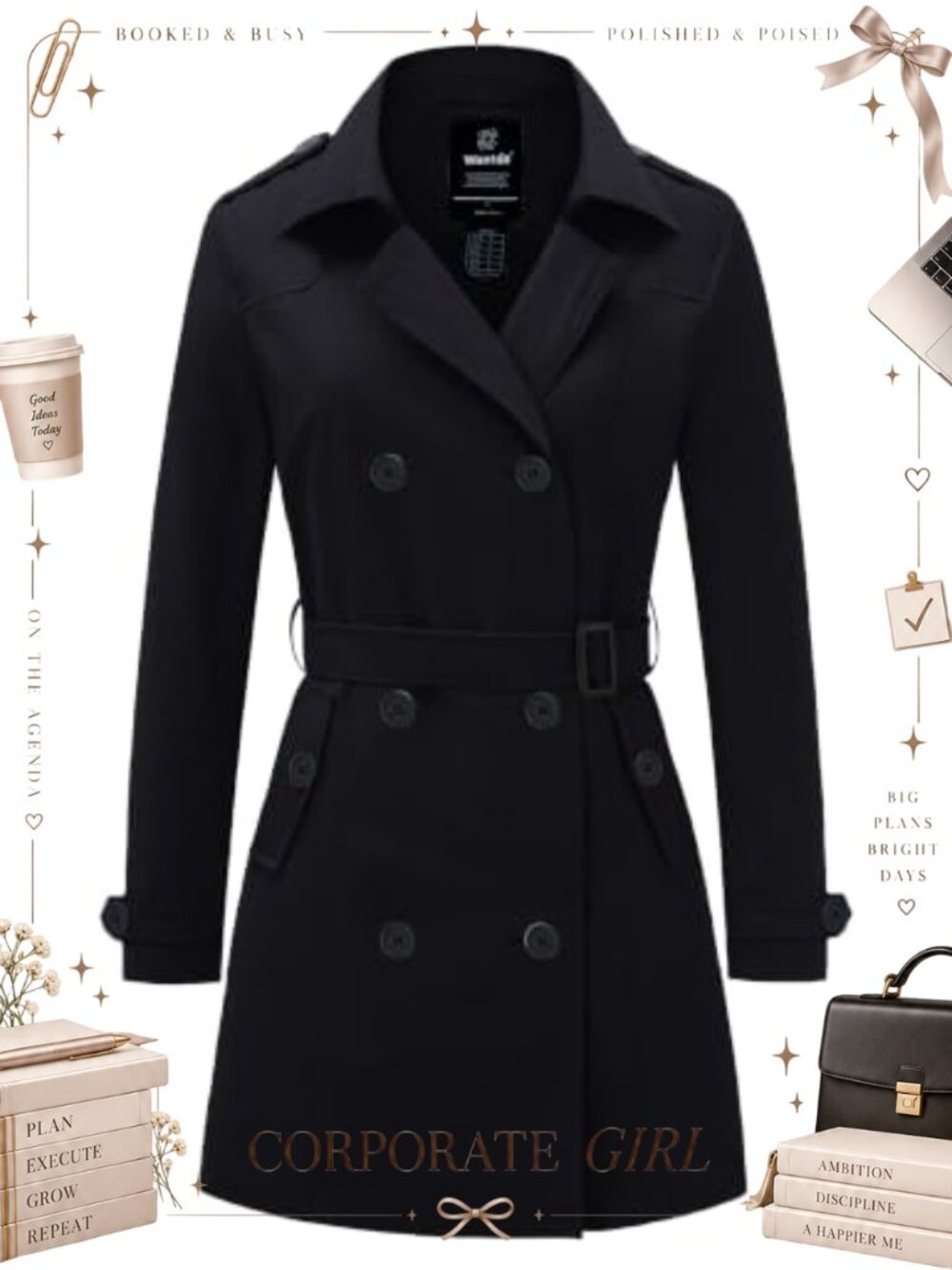 Women's Waterproof Trench Coat Belted Double Breasted Midi